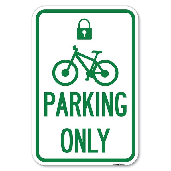 Signmission Parking Only With Cycle and Lock Symbol Heavy-Gauge Aluminum Sign, 12" x 18", A-1218-23410 A-1218-23410 - main